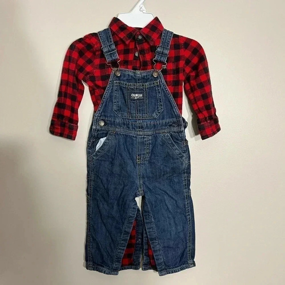 OshKosh B’Gosh red Buffalo plaid flannel shirt and matching overalls size 18 M - Picture 1 of 5